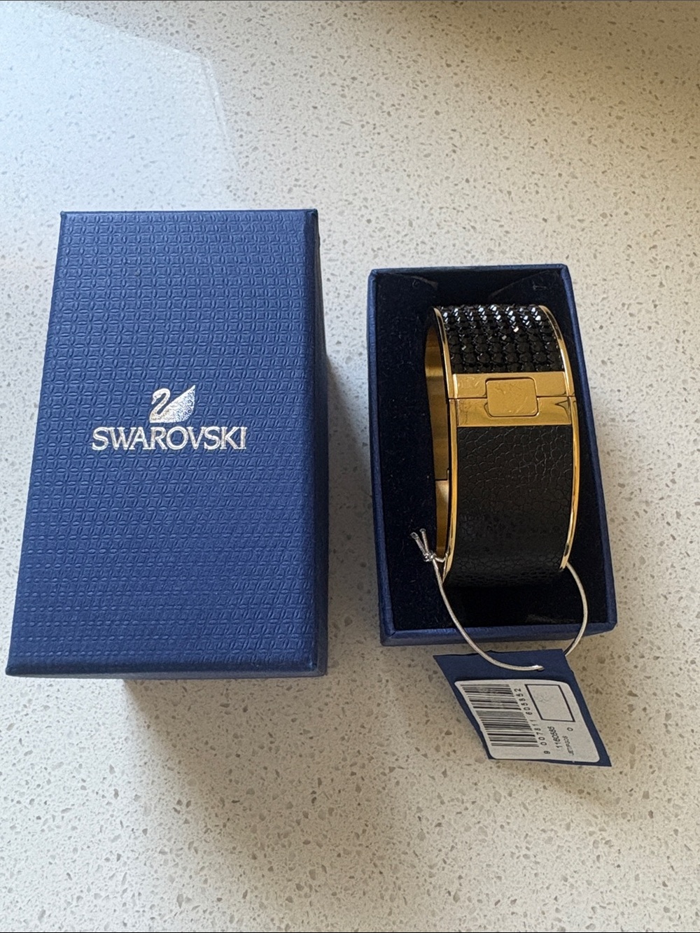 Swarovski Black Crystal and Gold-Tone Leather Cuff Bracelet